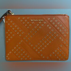 Michael Kors Jet Set Travel XL Zip Clutch Leather Wristlet in Persimmon